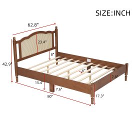 Queen Size Wooden Platform Bed with Natural Rattan Headboard