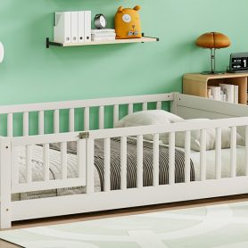 Full Size Rubber Wood Floor Bed with Guardrails, Built-in Book Rack, Door