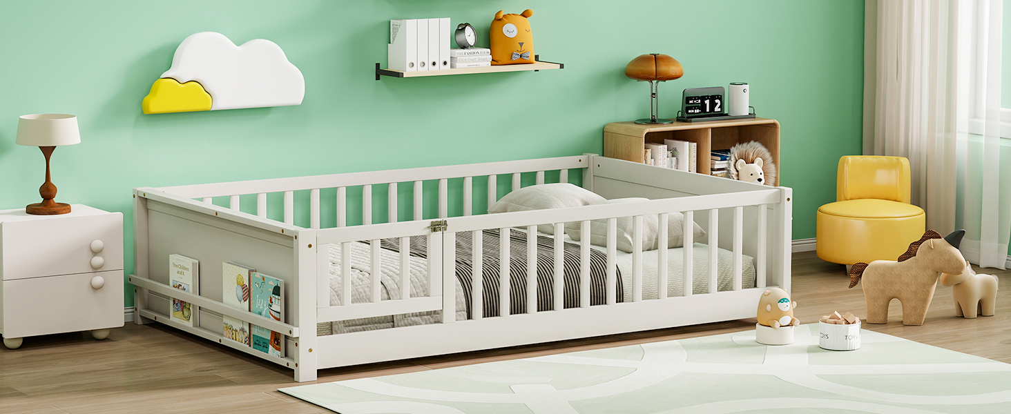 Full Size Rubber Wood Floor Bed with Guardrails, Built-in Book Rack, Door