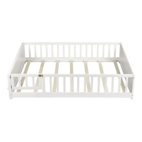 Full Size Rubber Wood Floor Bed with Guardrails, Built-in Book Rack, Door