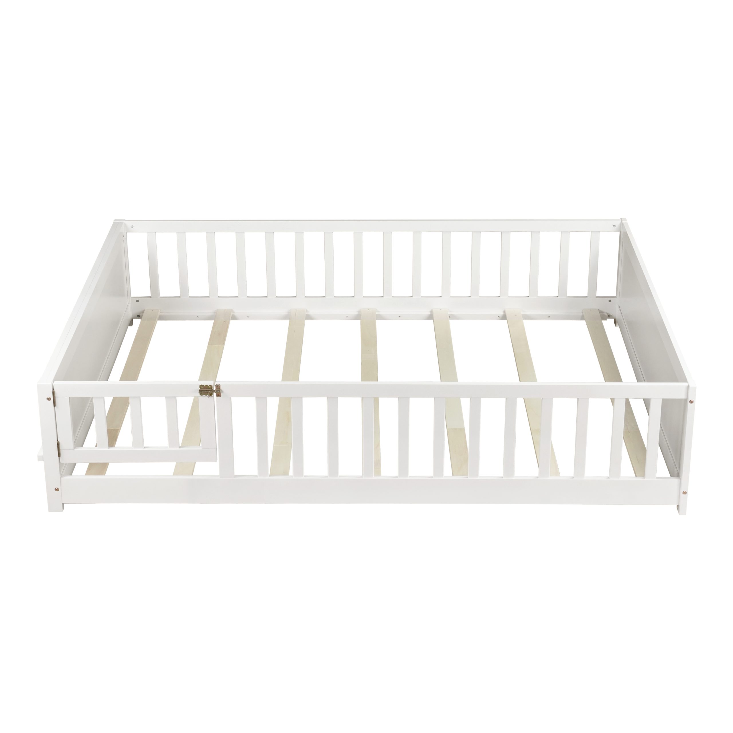 Full Size Rubber Wood Floor Bed with Guardrails, Built-in Book Rack, Door