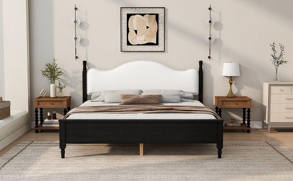 King Size Wood Platform Bed with Upholstered Headboard