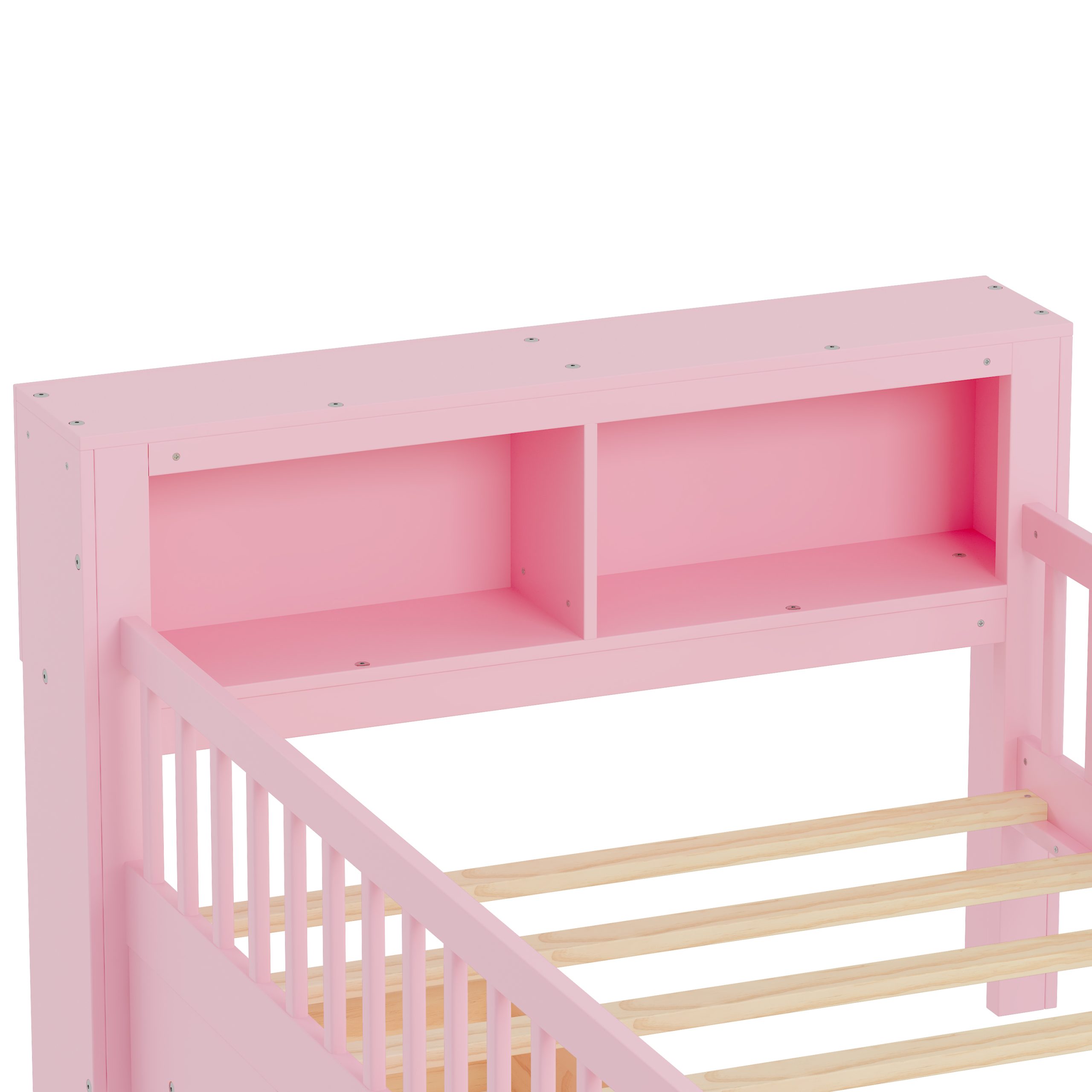Twin Size Bed with Headboard Storage Rack, Two Under-Bed Drawers, Three-Side Guardrails for Safety and Securit