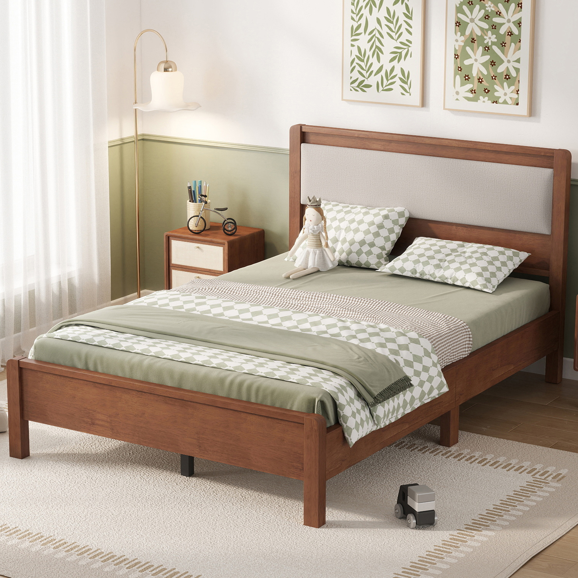 Full Size Solid Rubber Wooden Bed With Upholstered Headboard