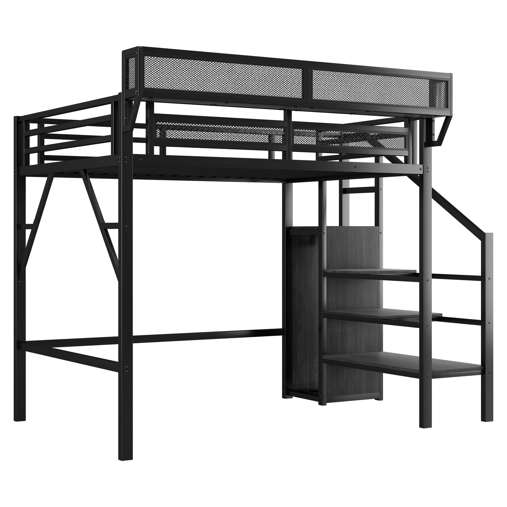 Metal Twin Xl Size Loft Bed With Stairs, Storage Shelves and Wardrobe