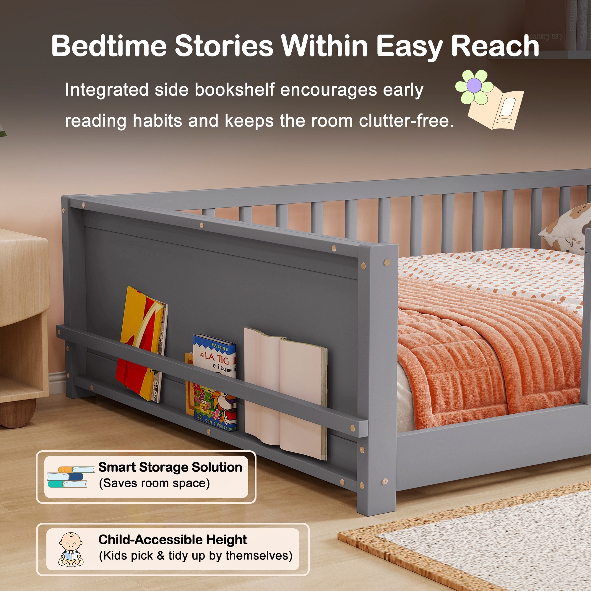 Full Size Rubber Wood Floor Bed with Guardrails, Built-in Book Rack