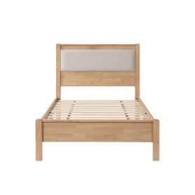 Twin Xl Size Solid Rubber Wooden Bed With Upholstered Headboard