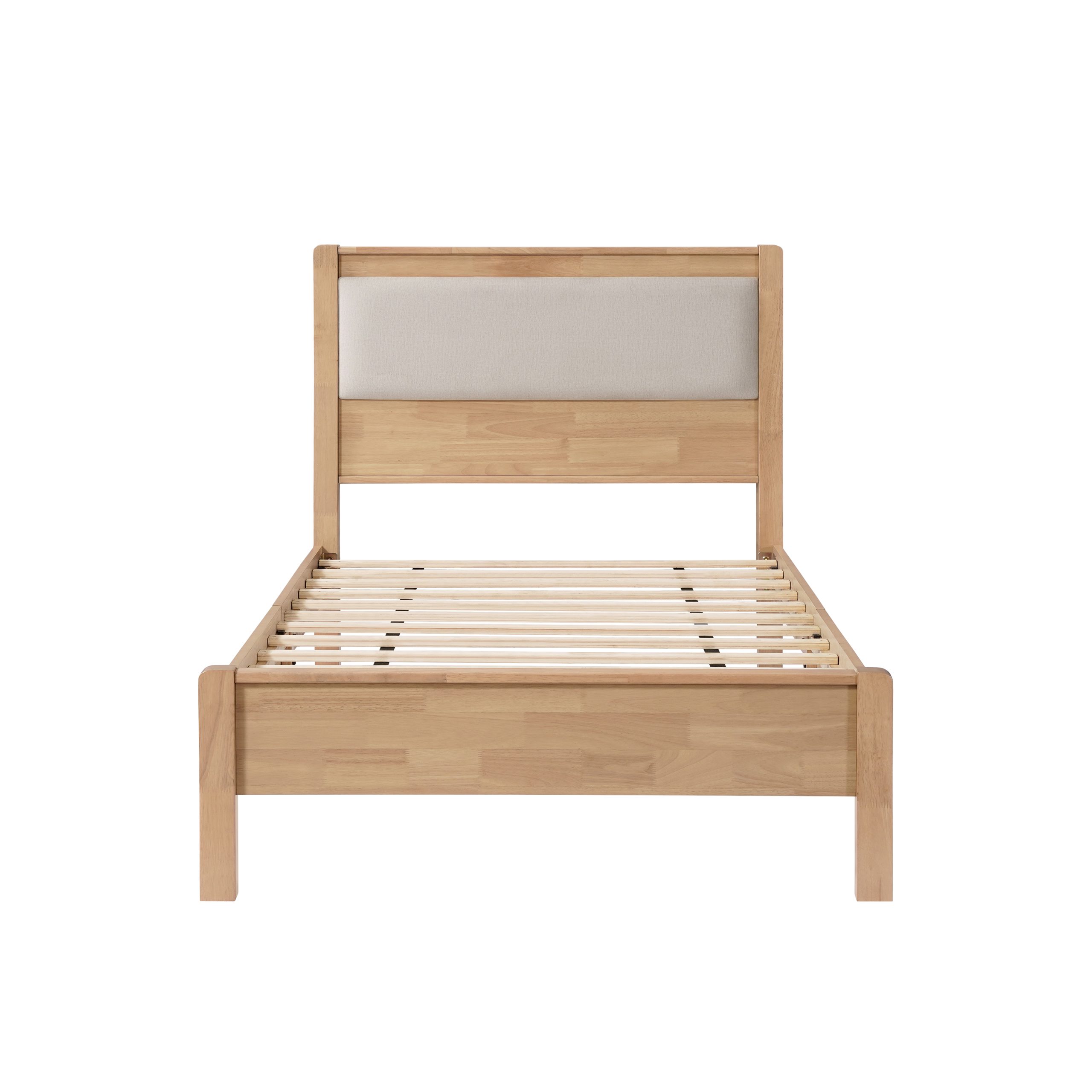 Twin Xl Size Solid Rubber Wooden Bed With Upholstered Headboard