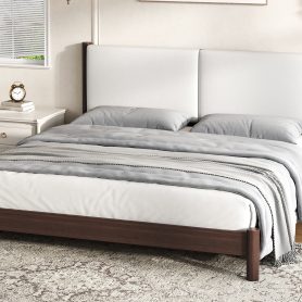 Wooden Platform Bed with PU Leather Headboard, King Size