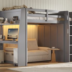 Full Size High Loft Bed with Built-in Desk, LED Lights, Storage Shelves & Double Door Wardrobe Closet