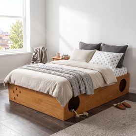 Queen Wood Platform Bed with Removable Headboard, Under-Bed Pet Maze & Private Space, Decorative Footboard, Detachable Slats