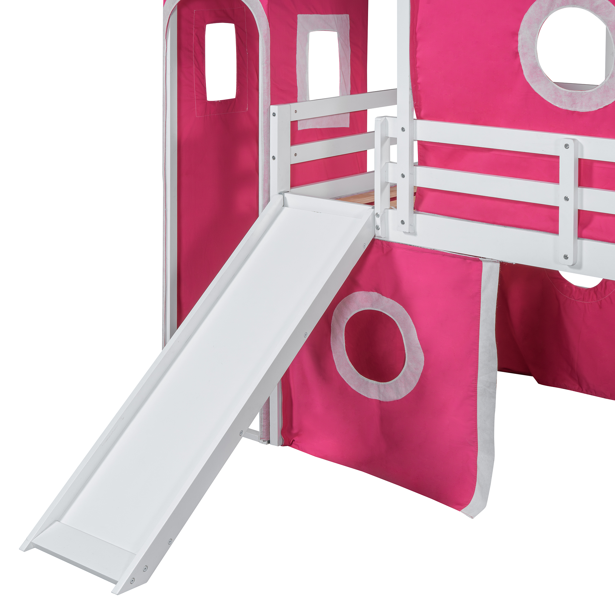 Solid Wood Twin Size Loft Bed With Slide Pink Tent And Tower