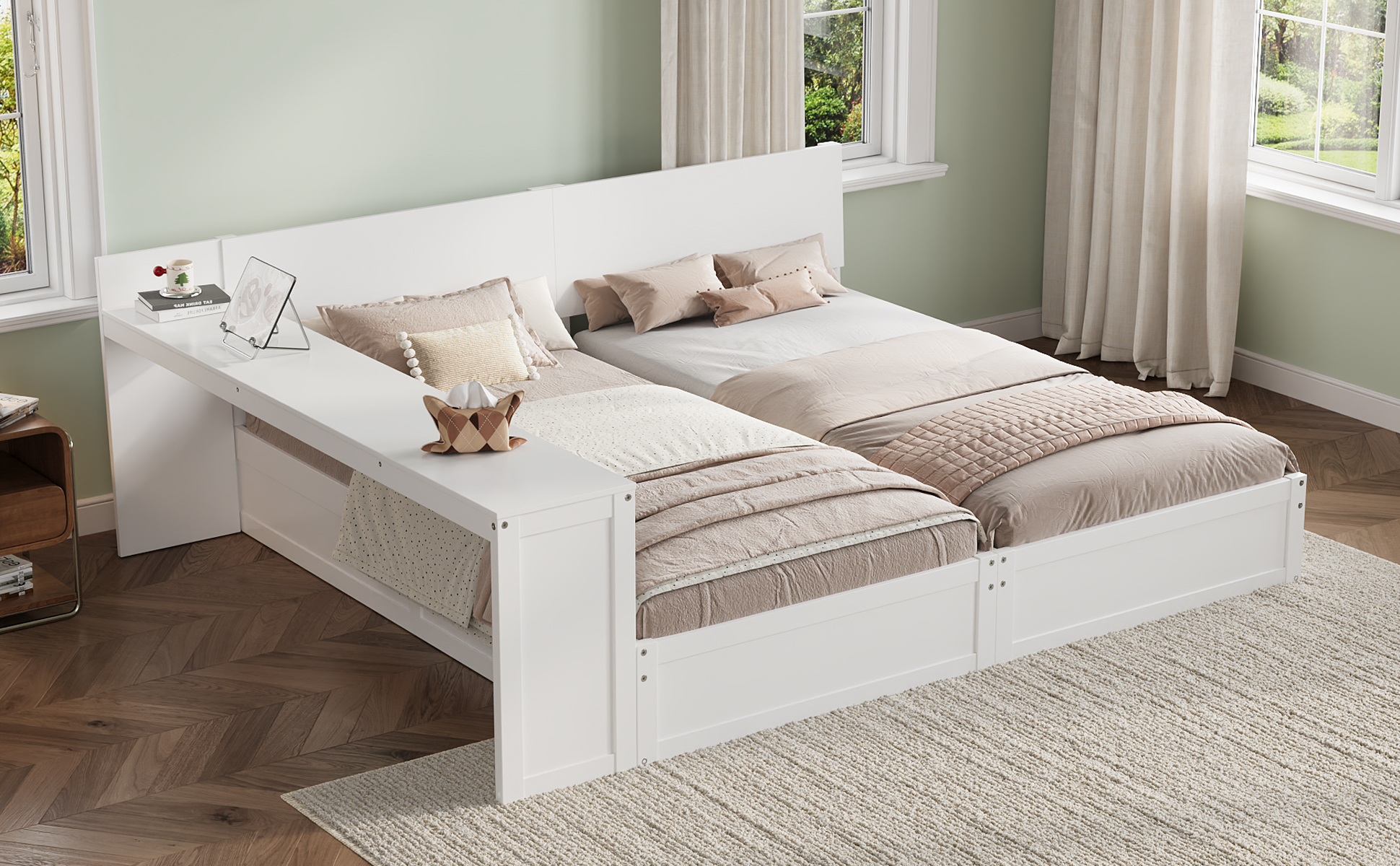 Twin Platform Bed Frame Set with Adjustable Storage Desk