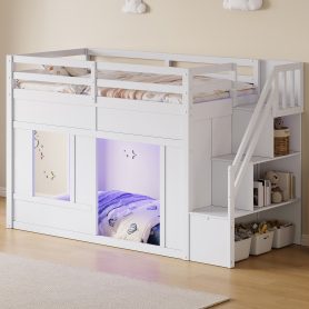 Twin Size Loft Bed With Storage Stairs & Built-in LED Lights