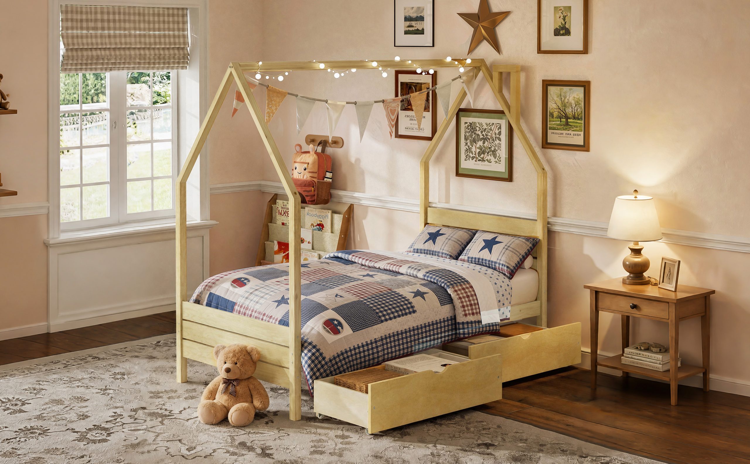 Wood House Shape Twin Montessori Bed with 2 Storage Drawers