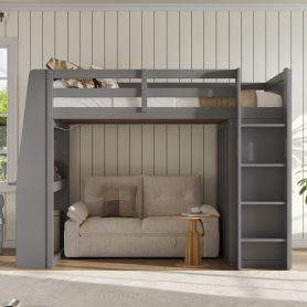 Full Size High Loft Bed with Built-in Desk, LED Lights, Storage Shelves & Double Door Wardrobe Closet