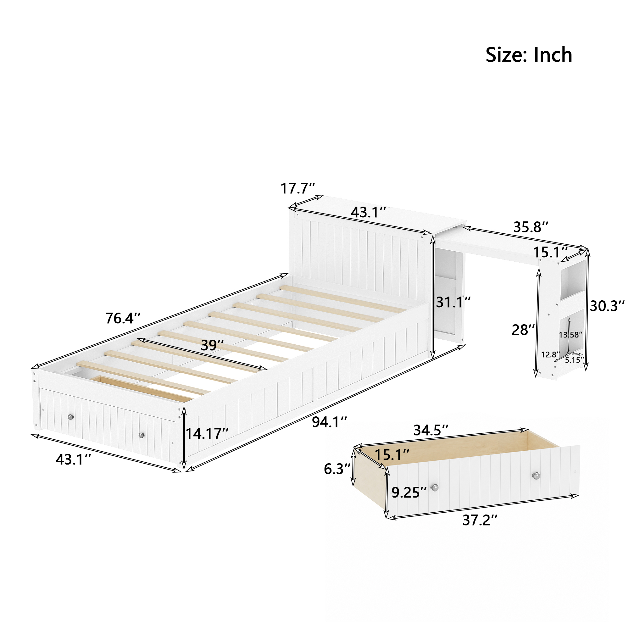 Twin Wood Bed Frame with wide Headboard, Footboard Drawers & Side Shelves