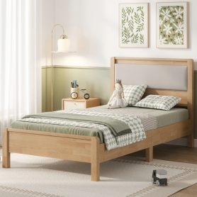 Twin Xl Size Solid Rubber Wooden Bed With Upholstered Headboard