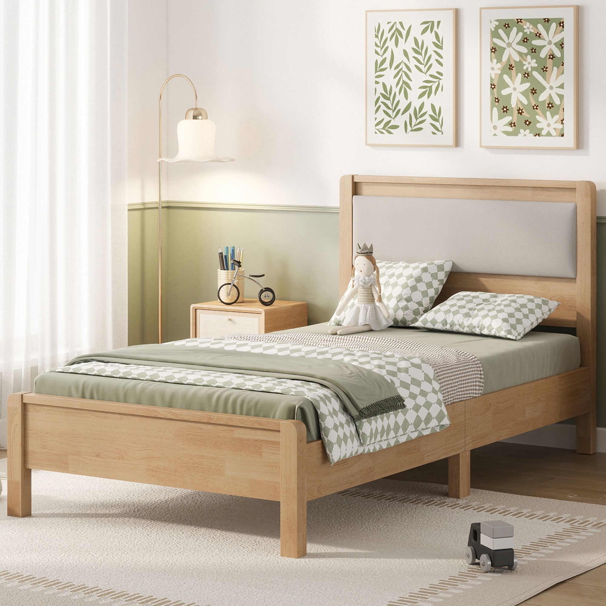 Twin Xl Size Solid Rubber Wooden Bed With Upholstered Headboard