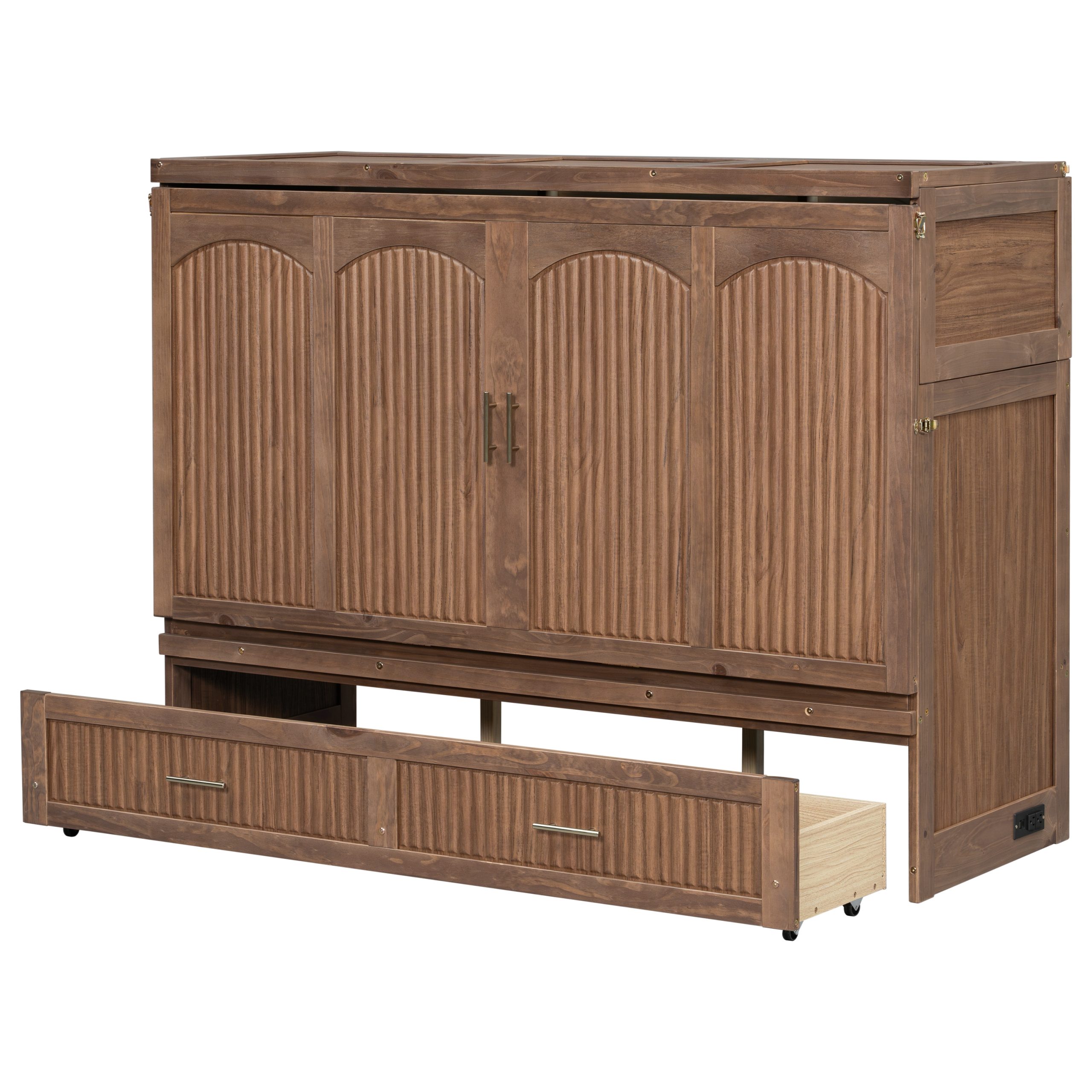 Pine Wood Cabinet Bed with Charging Station and Ripple Decoration Panels