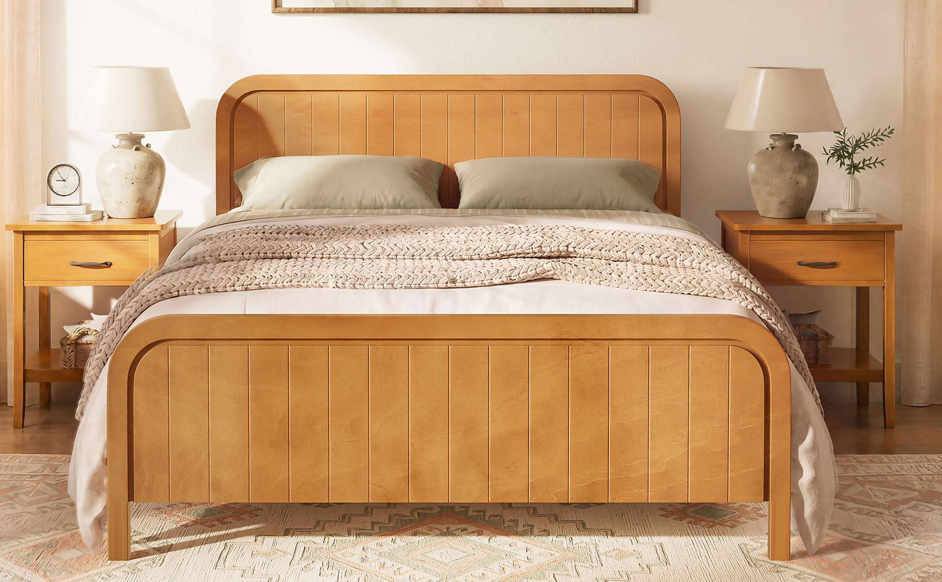 Wood Queen Bed Frame With Headboard, Noise-free Design, No Box Spring Needed