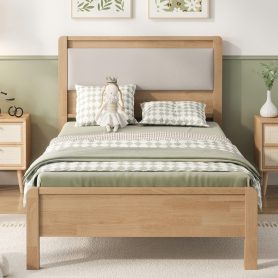 Twin Xl Size Solid Rubber Wooden Bed With Upholstered Headboard