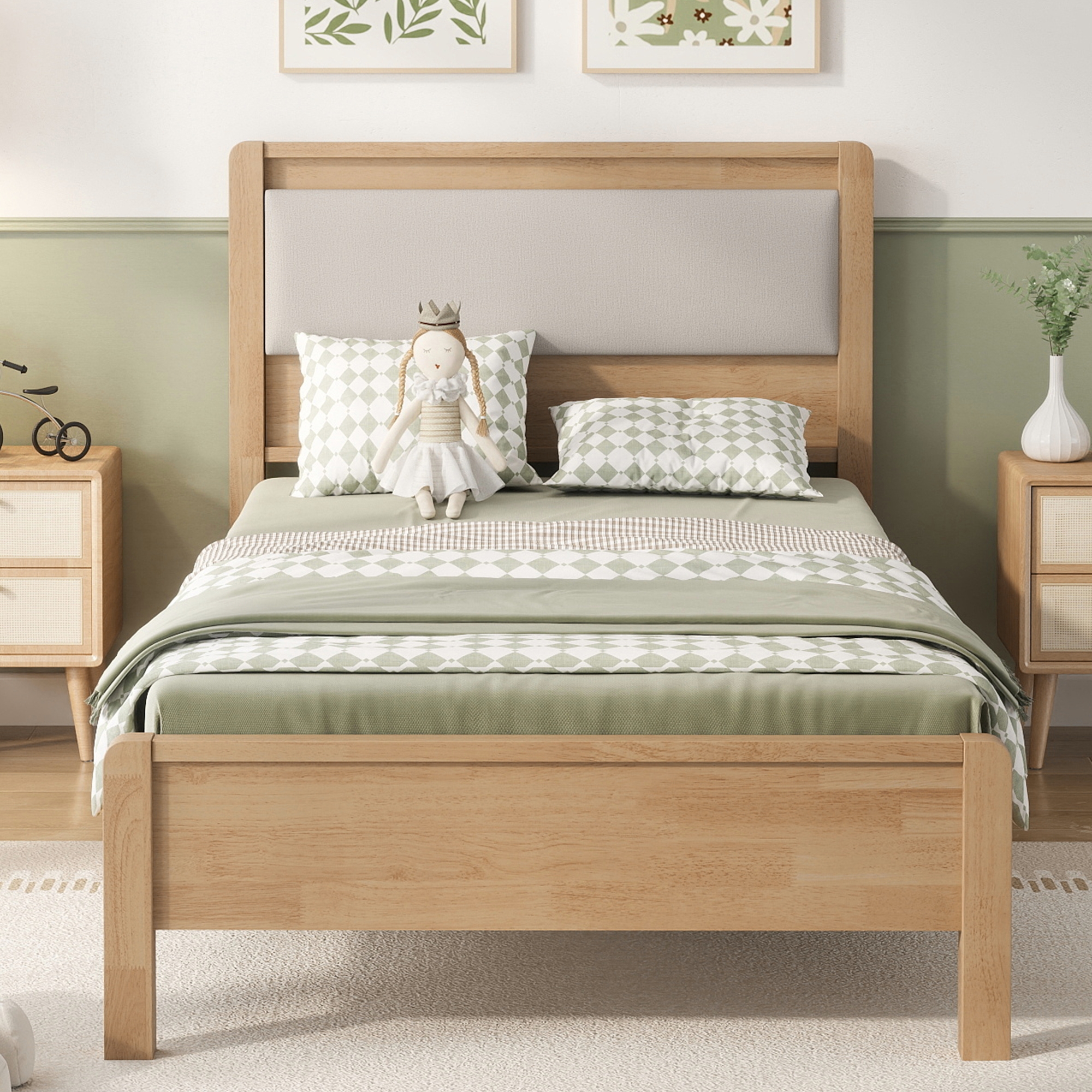 Twin Xl Size Solid Rubber Wooden Bed With Upholstered Headboard