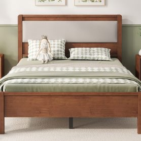 Full Size Solid Rubber Wooden Bed With Upholstered Headboard