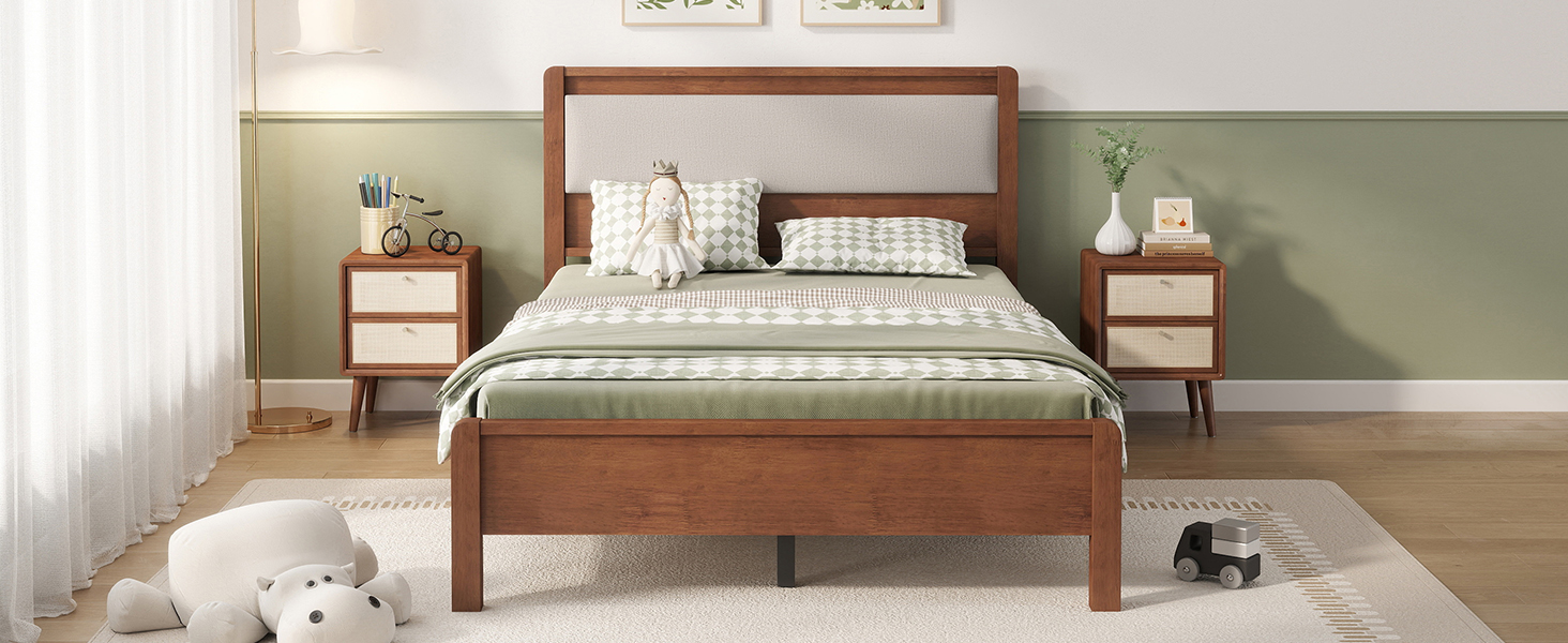 Full Size Solid Rubber Wooden Bed With Upholstered Headboard