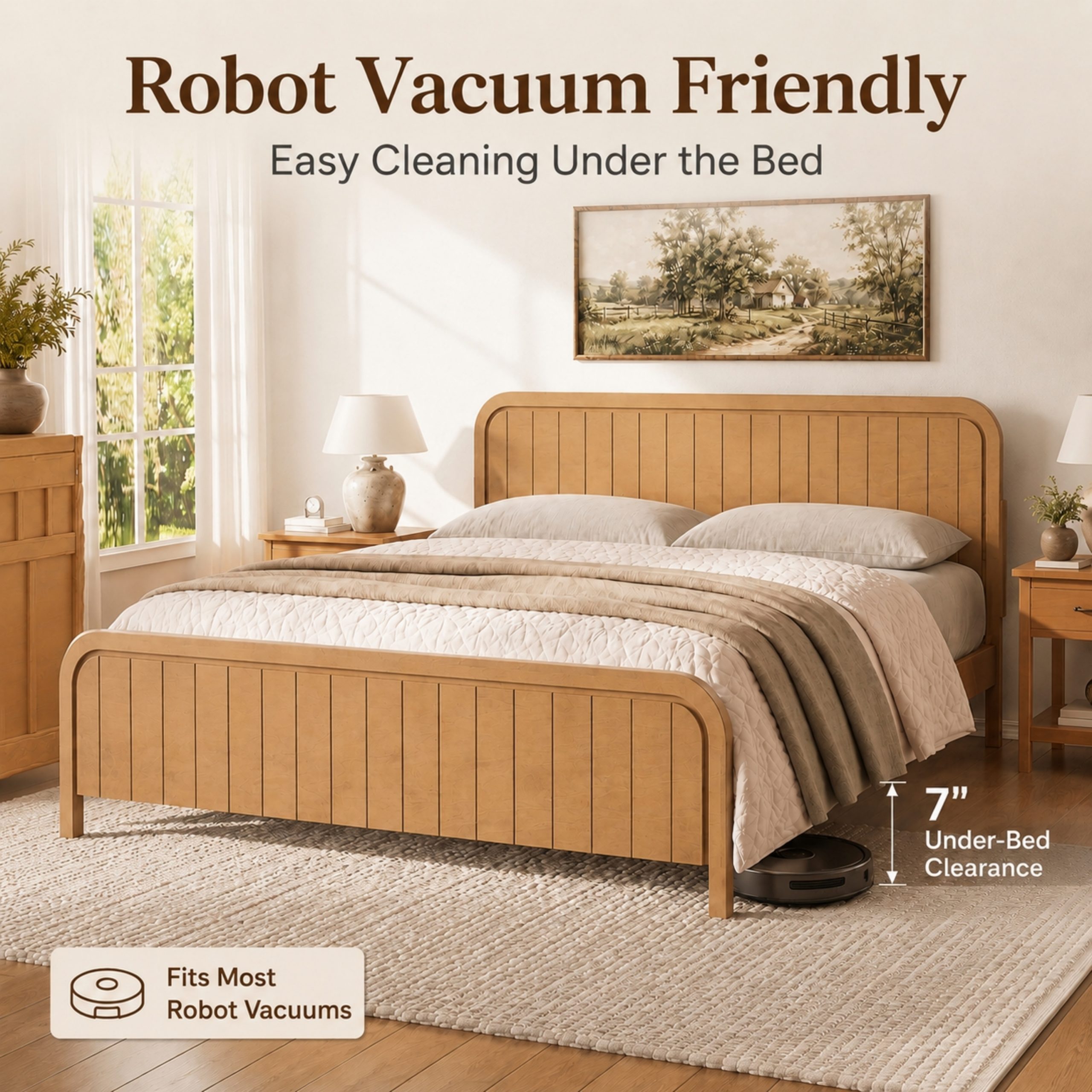 Wood Queen Bed Frame With Headboard, Noise-free Design, No Box Spring Needed