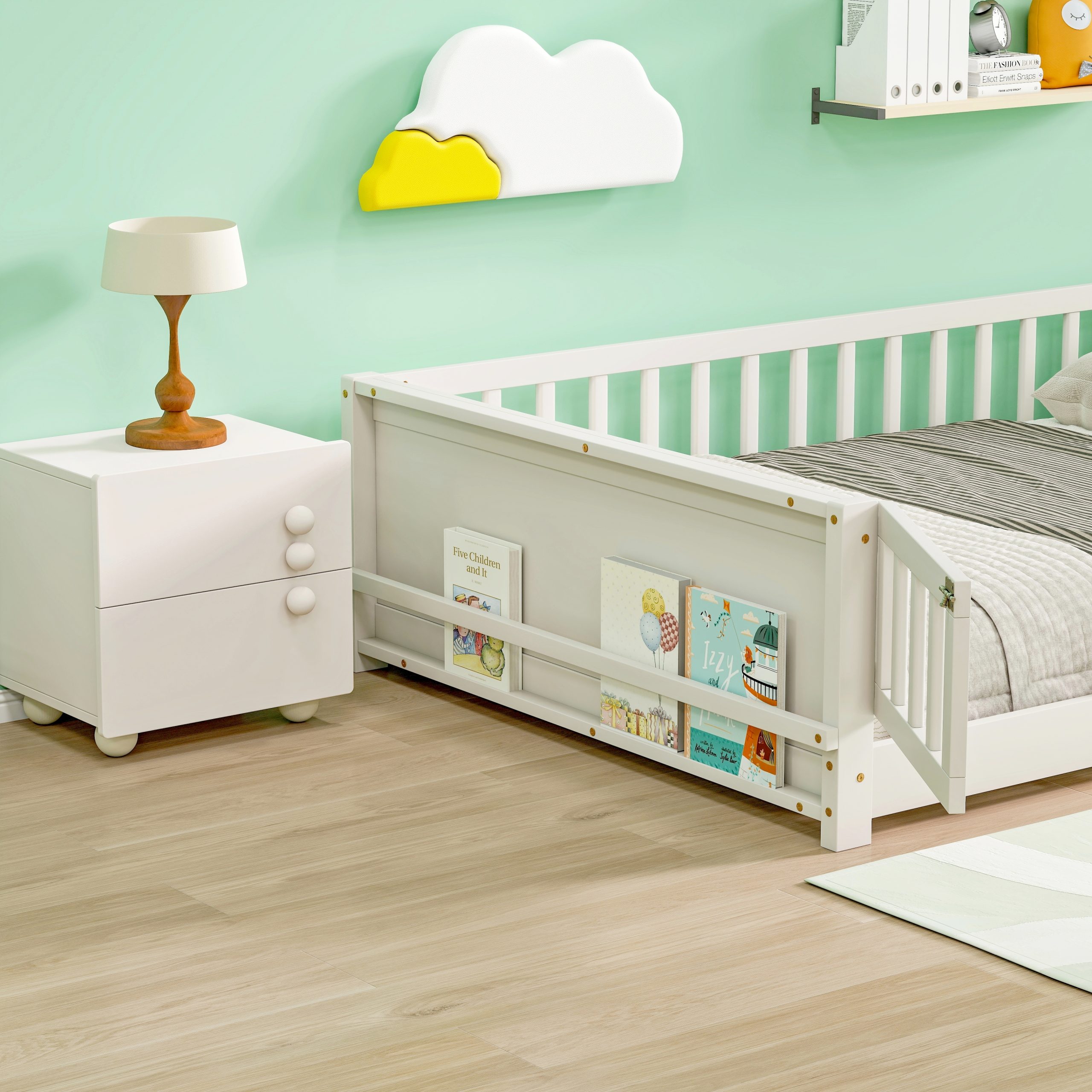 Full Size Rubber Wood Floor Bed with Guardrails, Built-in Book Rack, Door