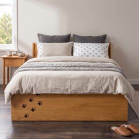 Queen Wood Platform Bed with Removable Headboard, Under-Bed Pet Maze & Private Space, Decorative Footboard, Detachable Slats