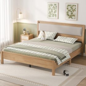 Queen Size Solid Rubber Wooden Bed With Upholstered Headboard