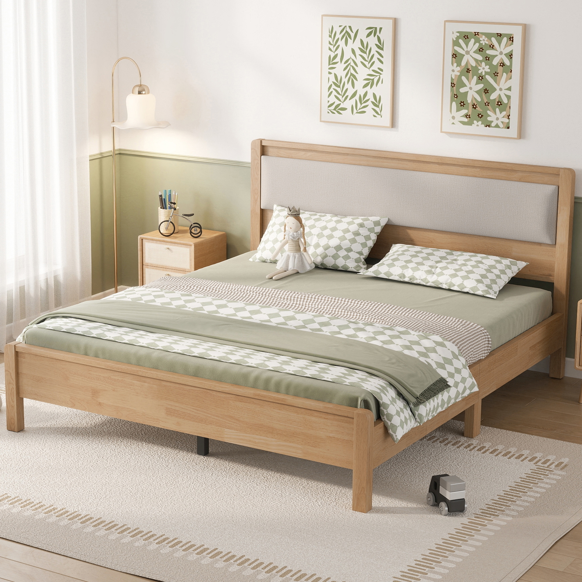 Queen Size Solid Rubber Wooden Bed With Upholstered Headboard