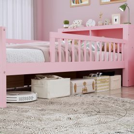 Twin Size Bed with Headboard Storage Rack, Two Under-Bed Drawers, Three-Side Guardrails for Safety and Securit
