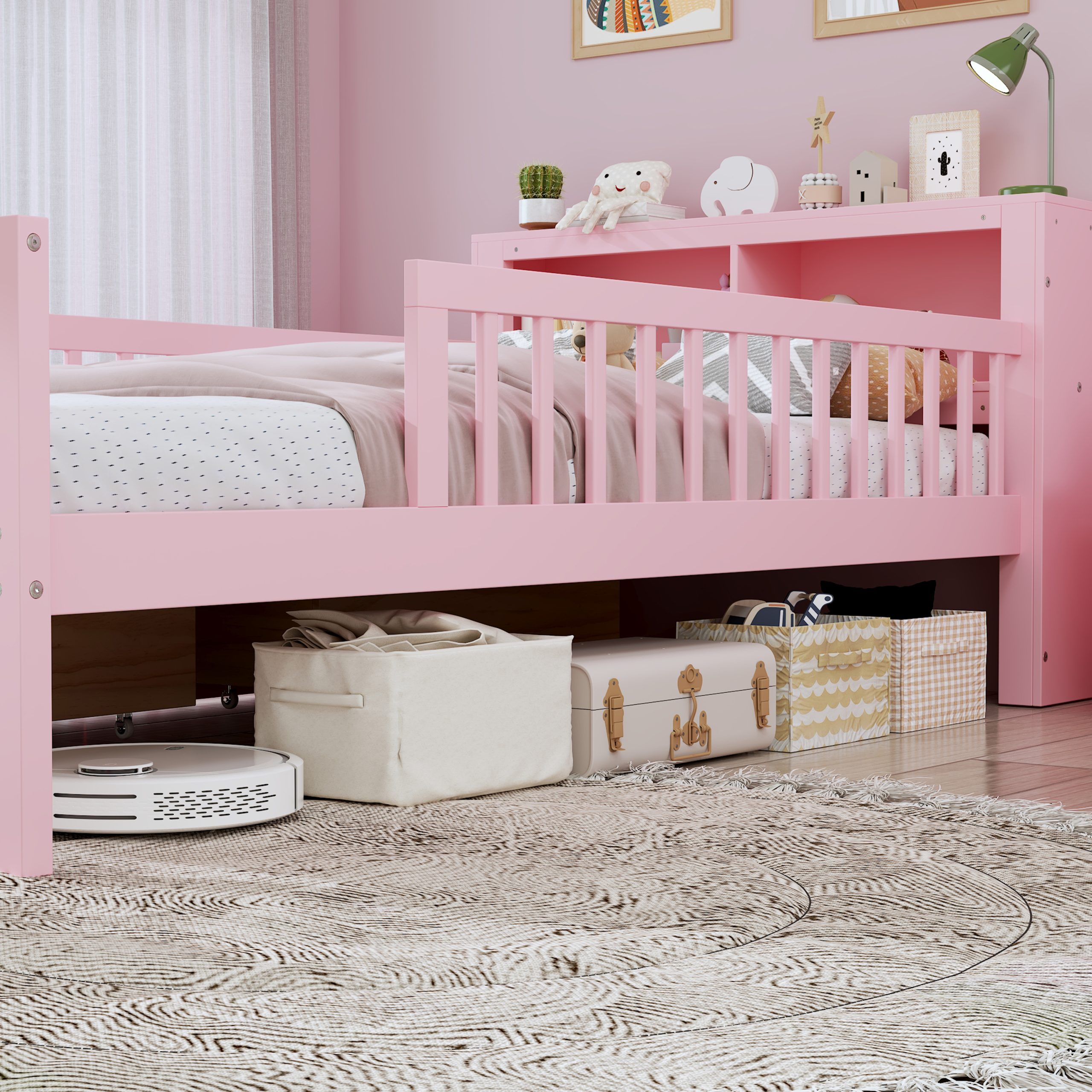 Twin Size Bed with Headboard Storage Rack, Two Under-Bed Drawers, Three-Side Guardrails for Safety and Securit
