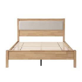 Queen Size Solid Rubber Wooden Bed With Upholstered Headboard