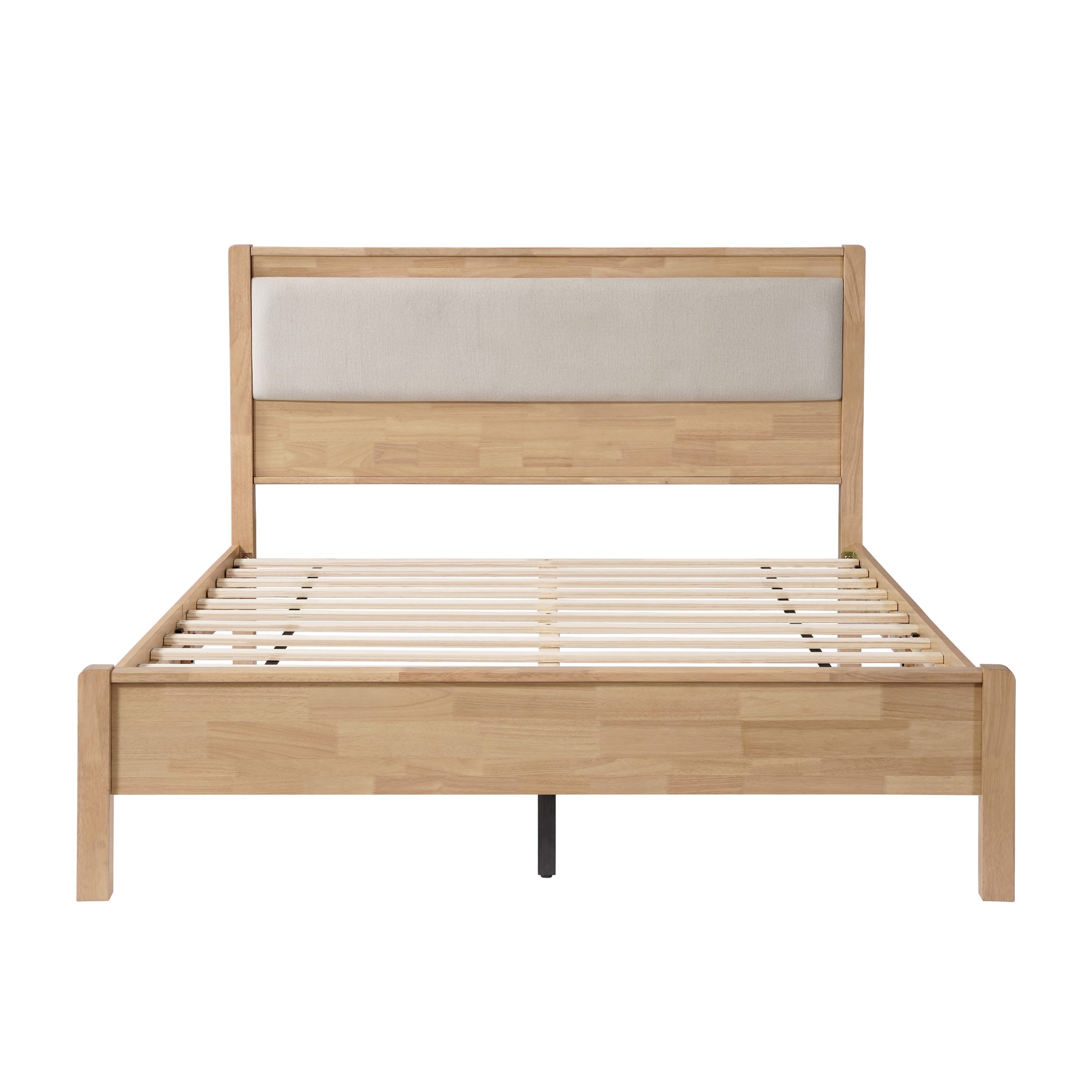 Queen Size Solid Rubber Wooden Bed With Upholstered Headboard