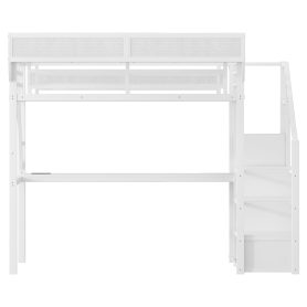 Metal Full Loft Bed With Desk, Charging Station, Stairs And Light