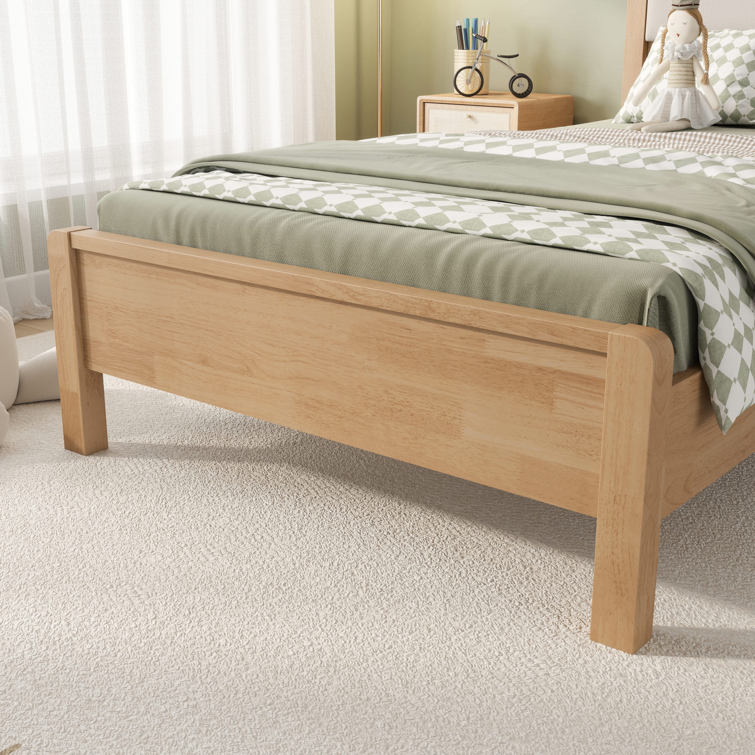Twin Xl Size Solid Rubber Wooden Bed With Upholstered Headboard