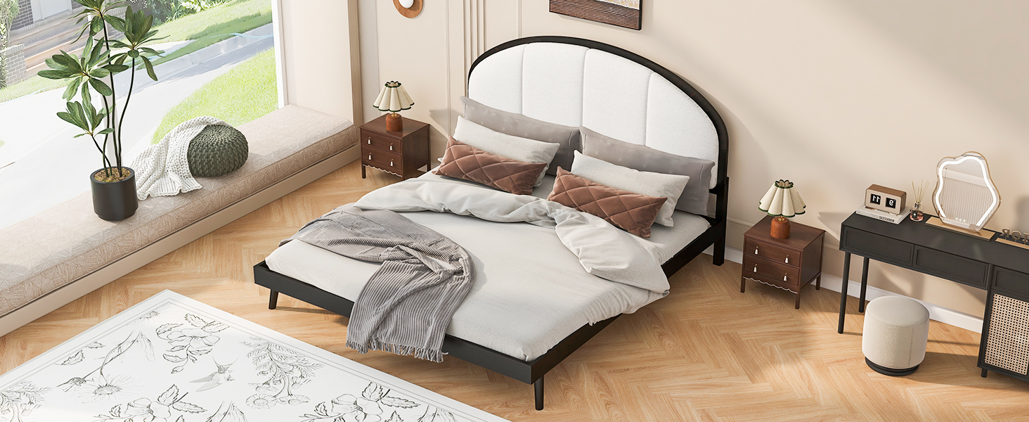 Queen Size Upholstered Platform Bed Frame With Linen Headboard
