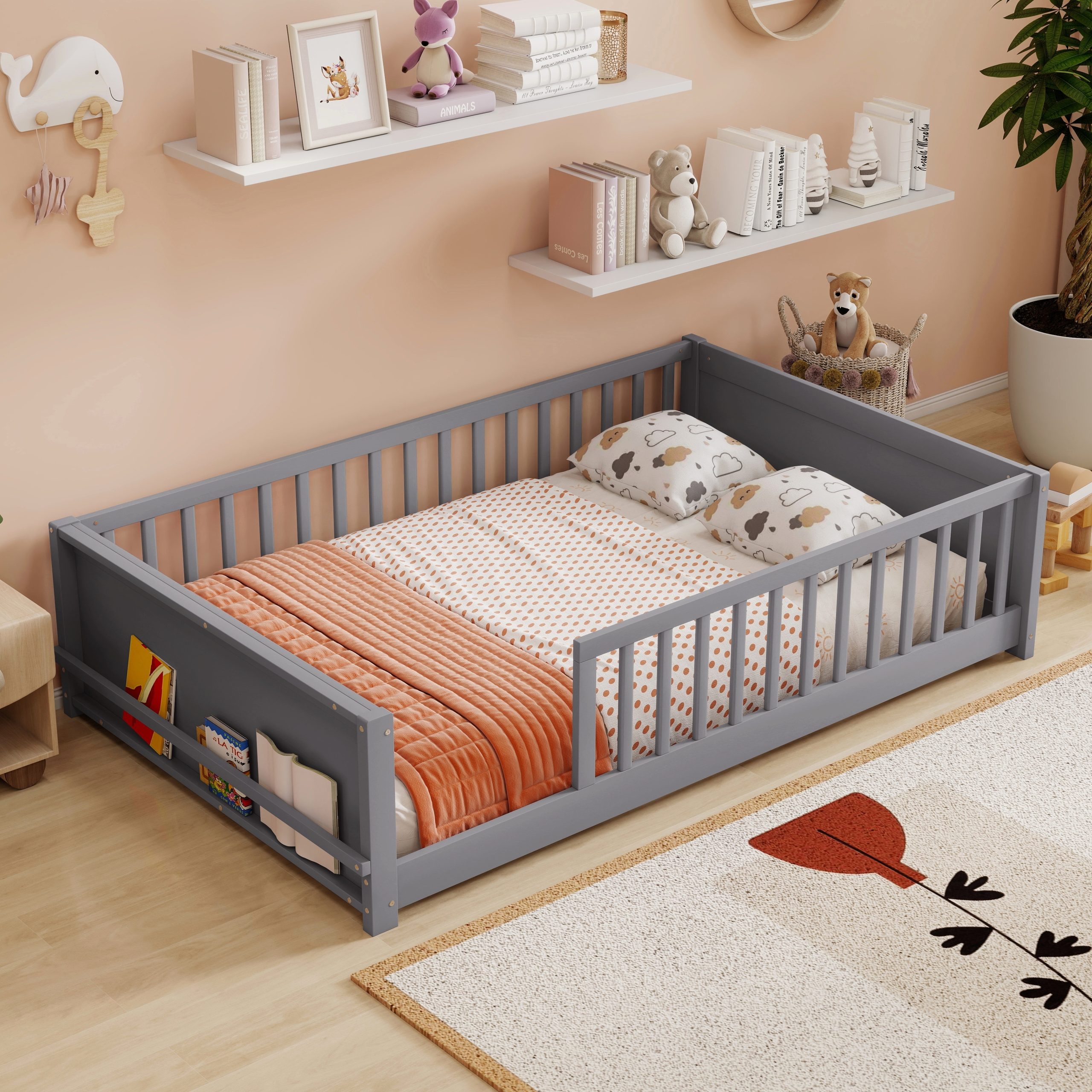 Full Size Rubber Wood Floor Bed with Guardrails, Built-in Book Rack
