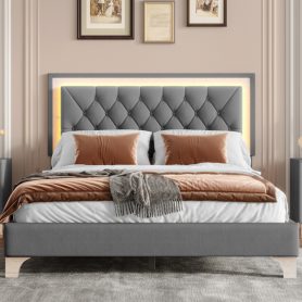 Queen Size Upholstered Bed Frame With LED Lights