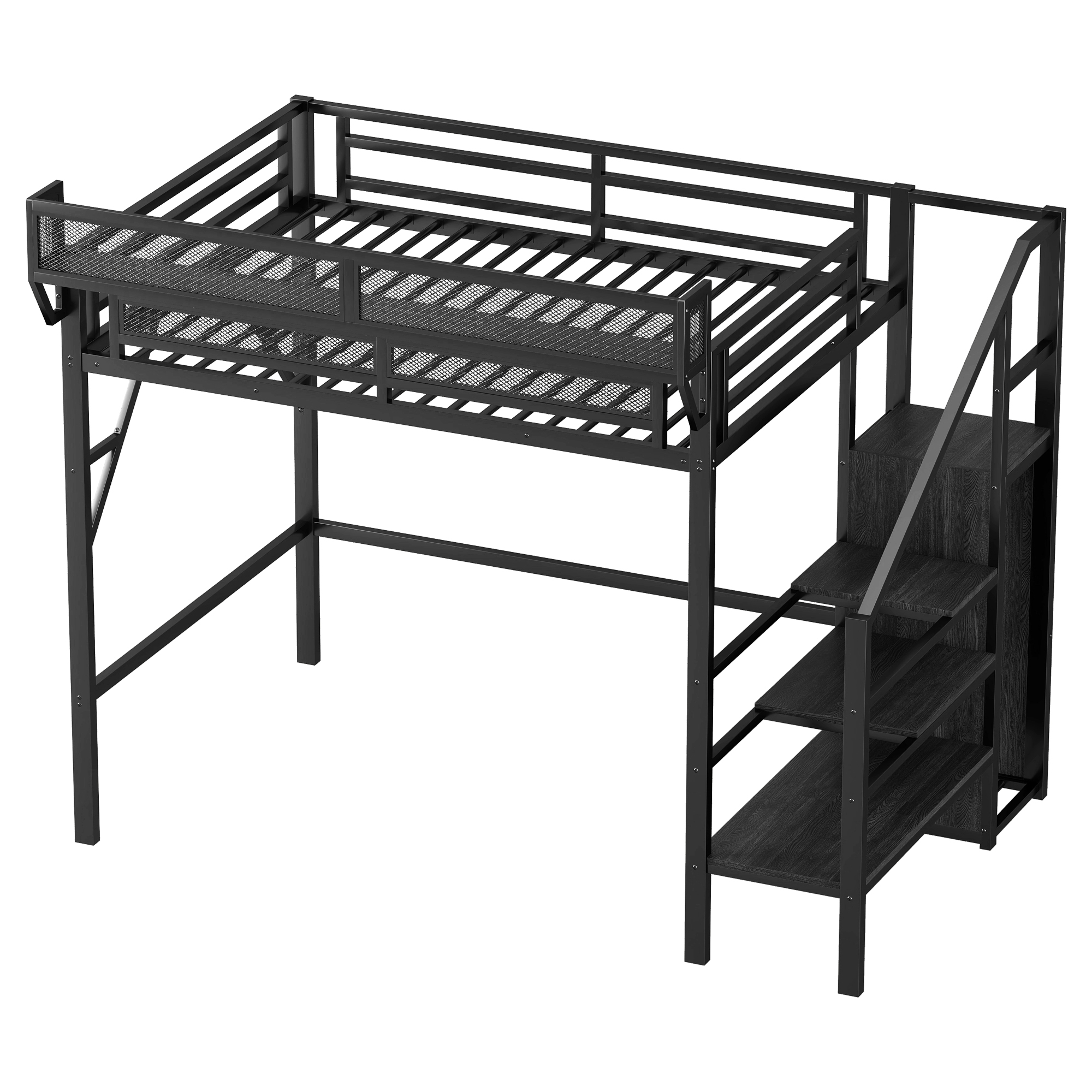 Metal Twin Xl Size Loft Bed With Stairs, Storage Shelves and Wardrobe