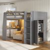 Full Size High Loft Bed with Built-in Desk, LED Lights, Storage Shelves & Double Door Wardrobe Closet
