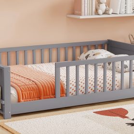 Full Size Rubber Wood Floor Bed with Guardrails, Built-in Book Rack