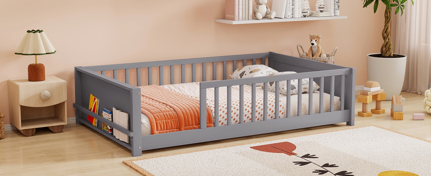 Full Size Rubber Wood Floor Bed with Guardrails, Built-in Book Rack