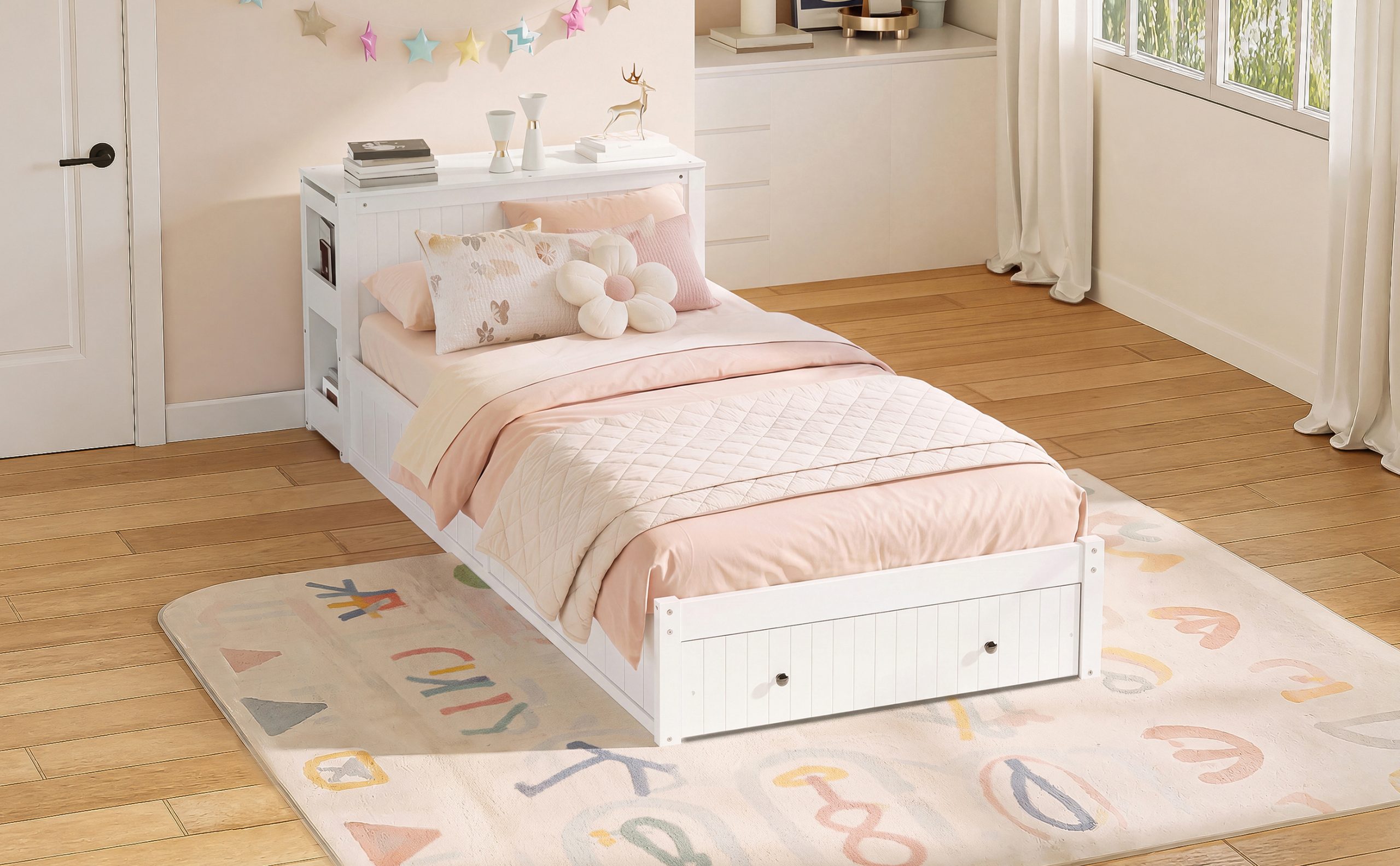 Twin Wood Bed Frame with wide Headboard, Footboard Drawers & Side Shelves