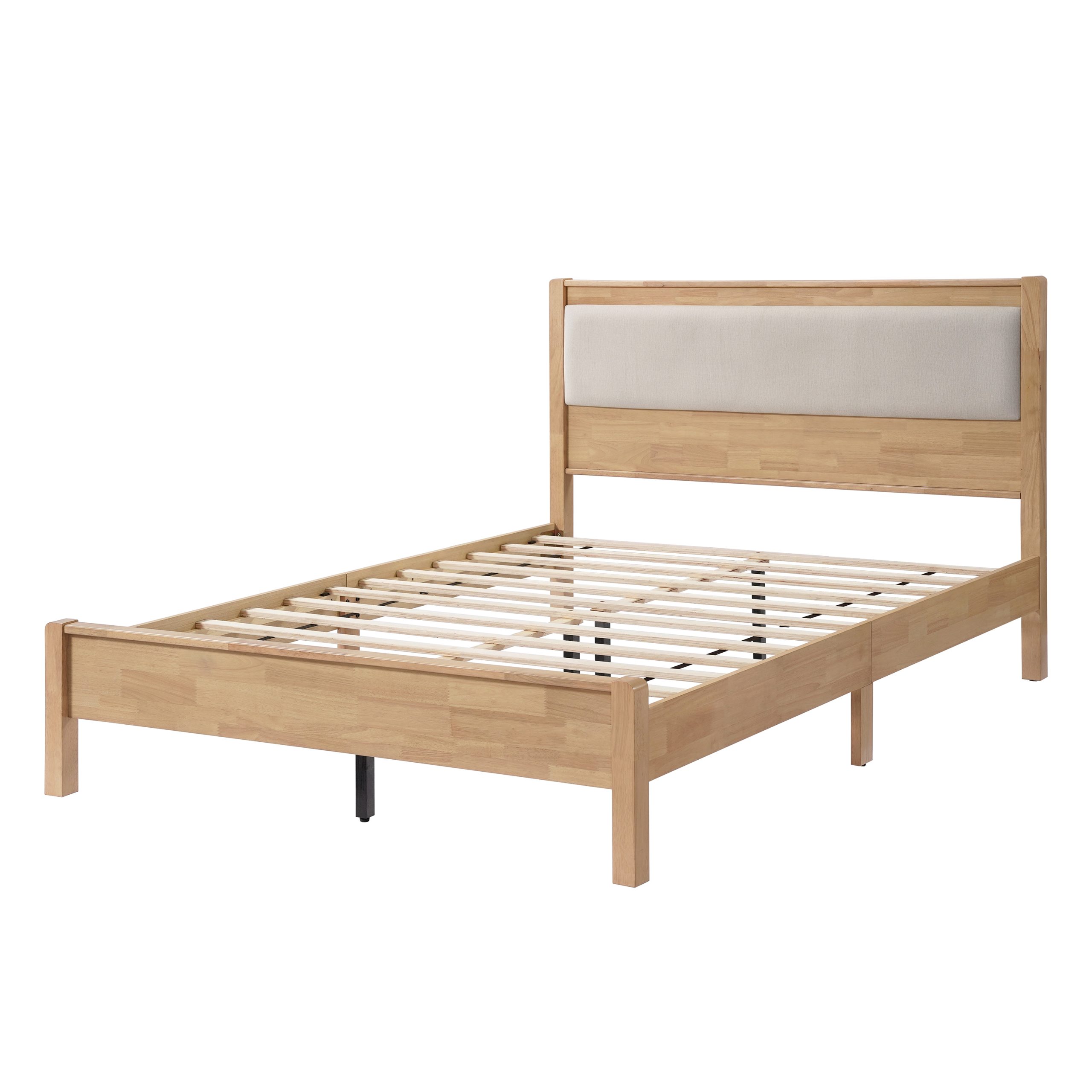 Queen Size Solid Rubber Wooden Bed With Upholstered Headboard