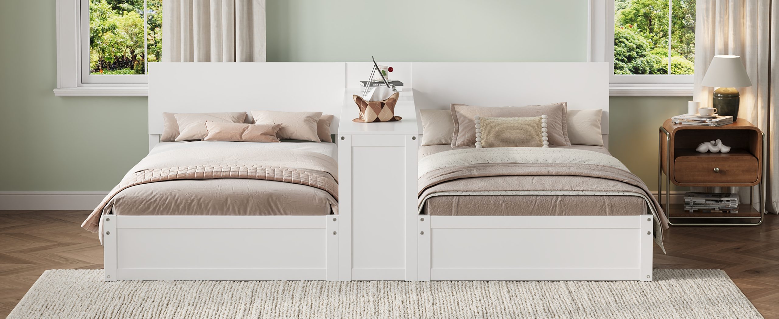 Twin Platform Bed Frame Set with Adjustable Storage Desk